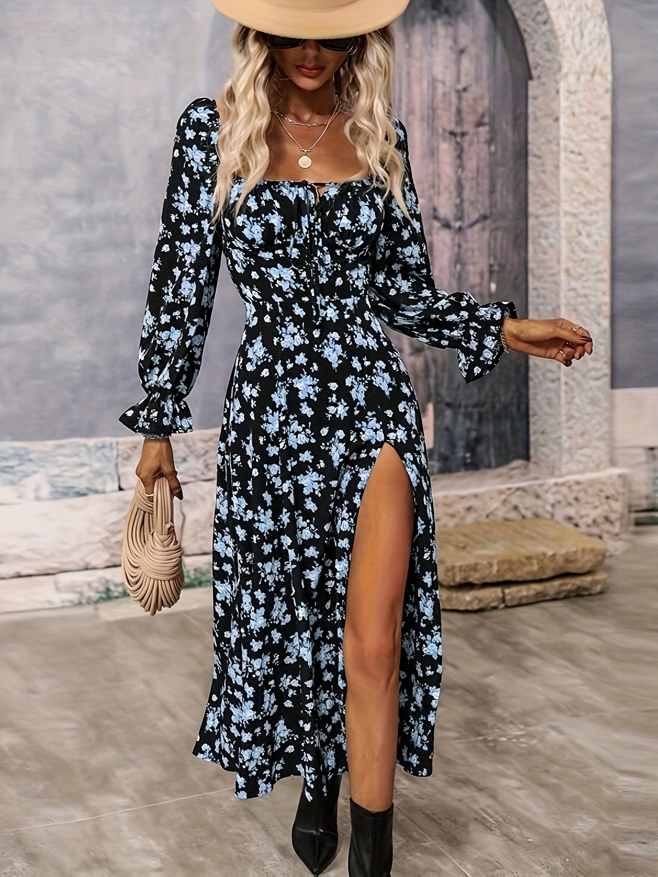 Ditsy Floral High Slit Long Sleeve Maxi Dress