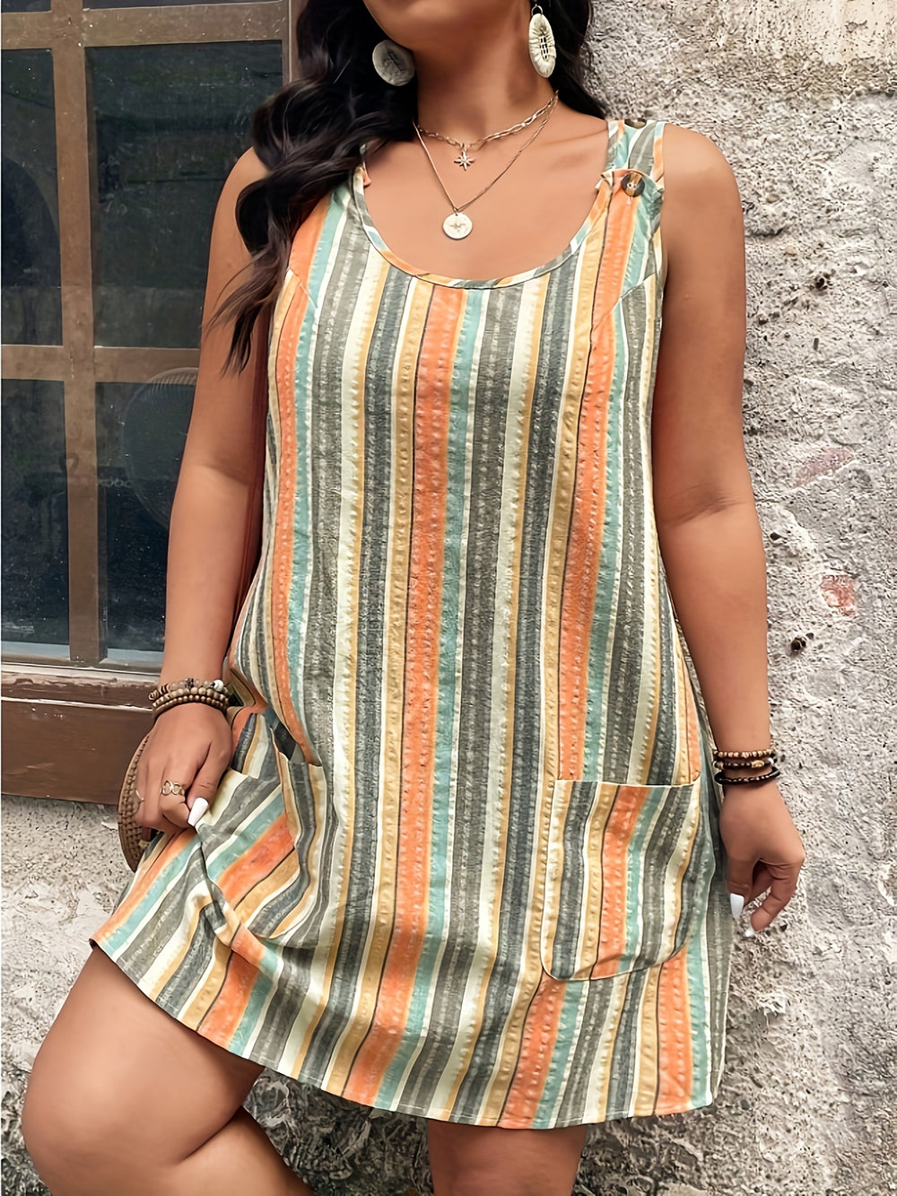 Plus Size Sleeveless Striped Pocket Mini Boho Dress