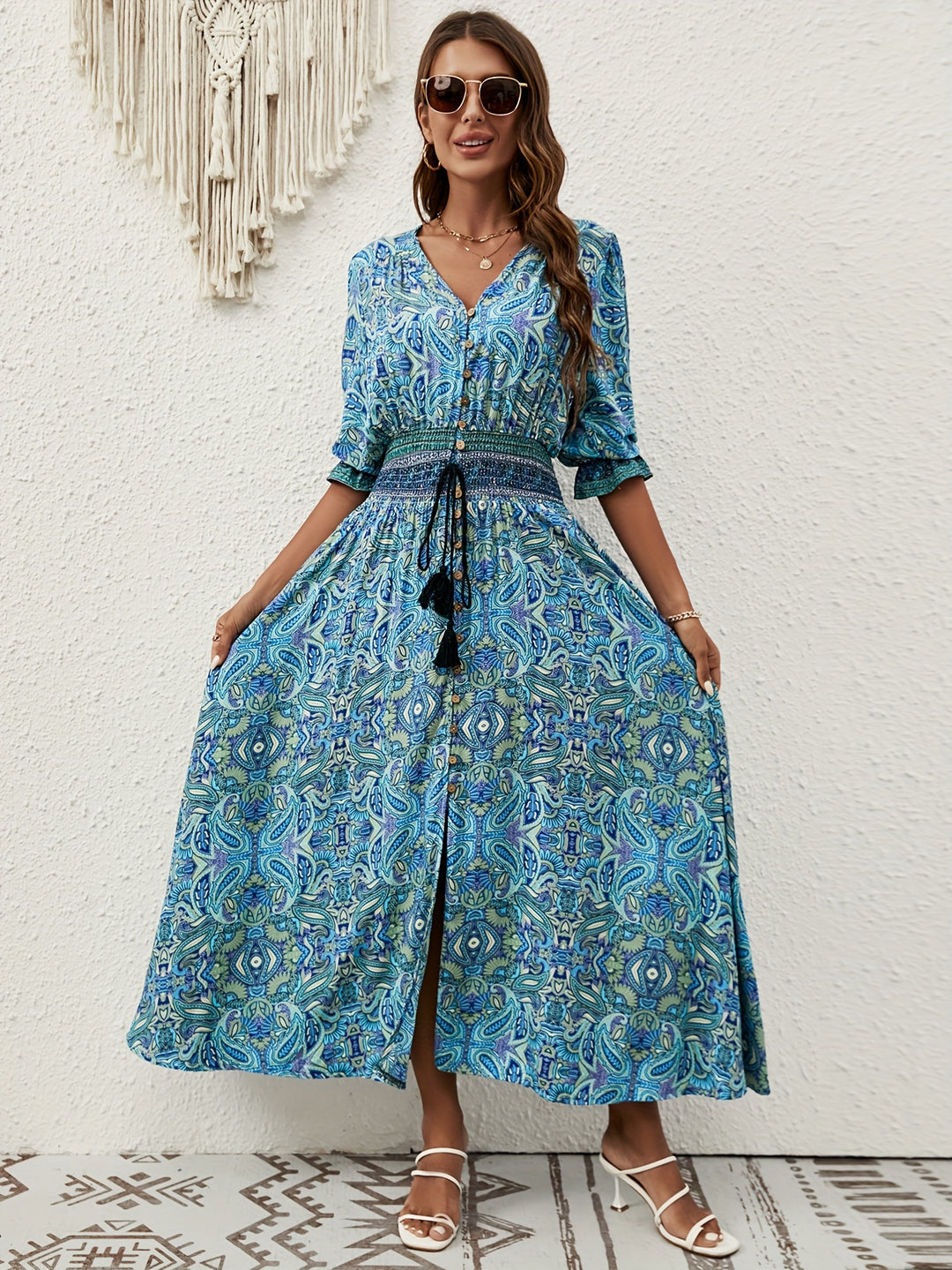 Smocked Waist Button Front Casual Summer Dress