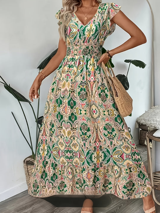 Elegant V-Neck Geometric Print Maxi Dress