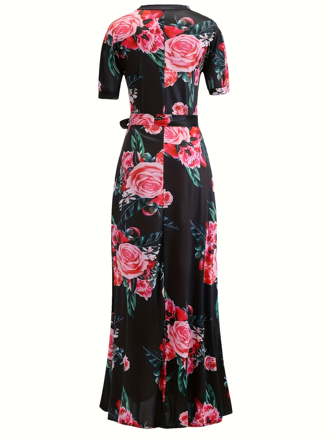 Elegant Rose Print Tie Waist Maxi