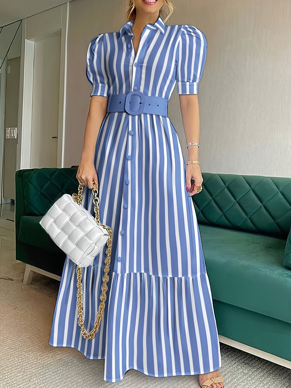 Elegant Belted Puff Sleeve Striped Maxi Dress
