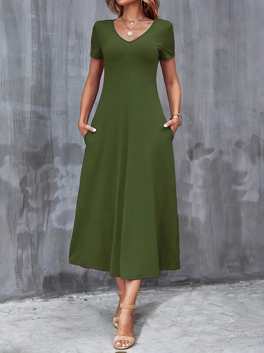 Casual V-Neck Pocket Midi Dress
