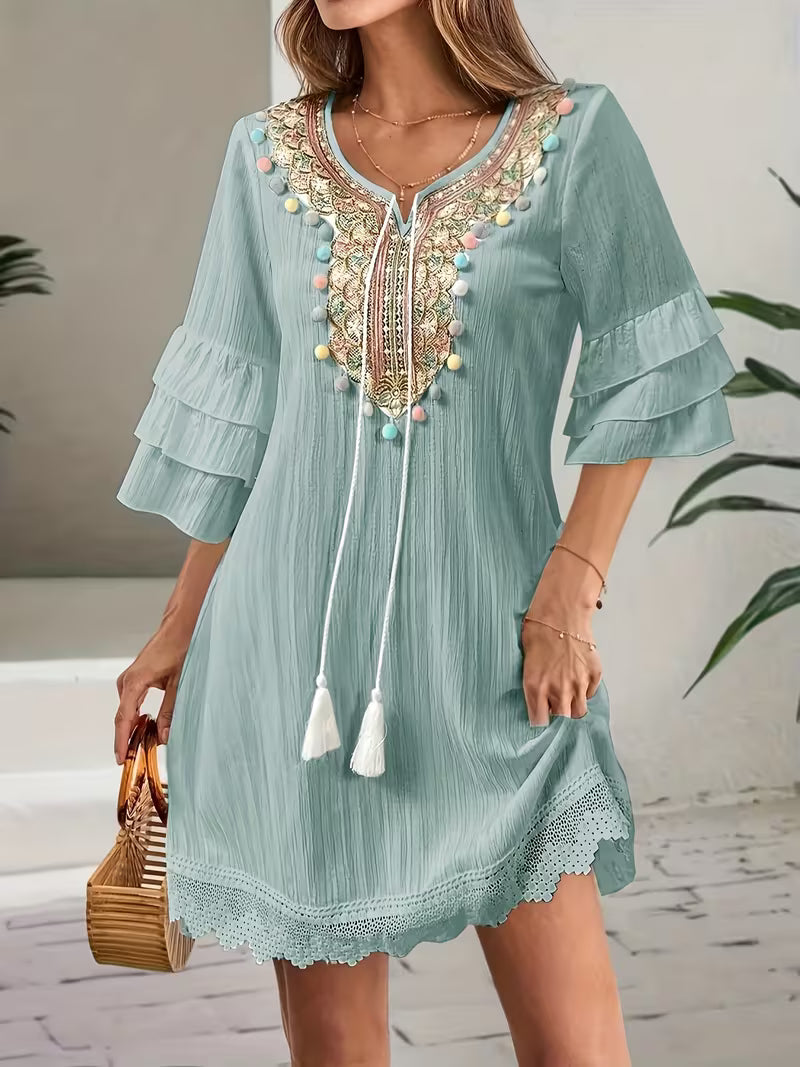 Embroidered Pom-Pom Tiered Sleeve Bohemian Mini Dress
