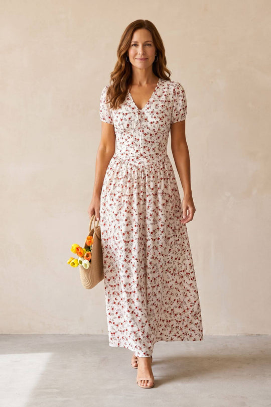 Floral V-Neck Tie Front Maxi Dress
