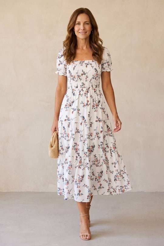 Floral Smocked Bodice Puff Sleeve Midi
