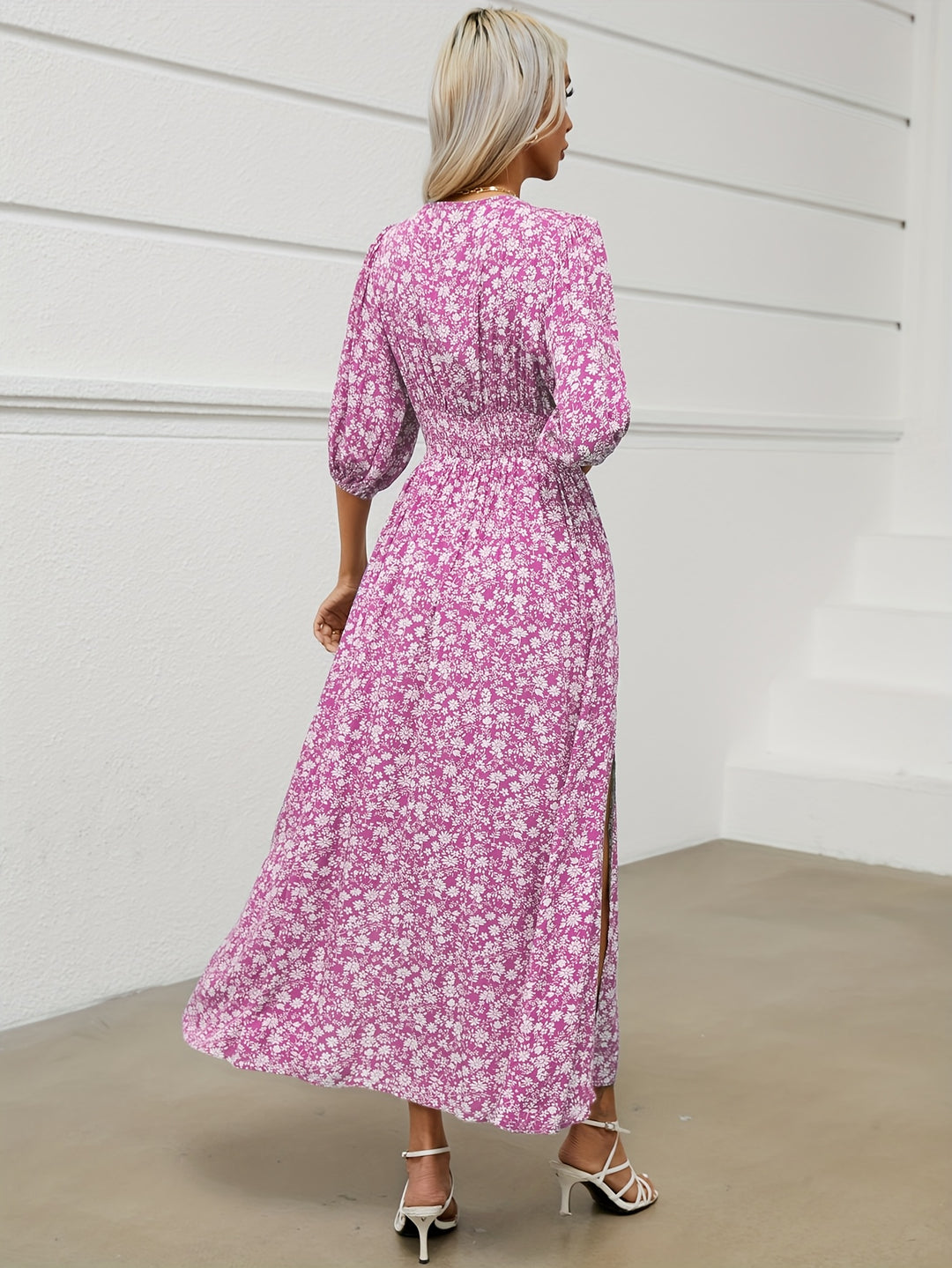 Ditsy Floral Print Front Slit Vacation Maxi Dress