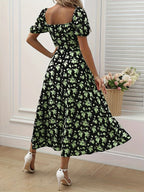 Romantic Floral Puff Sleeve Split Maxi Dress