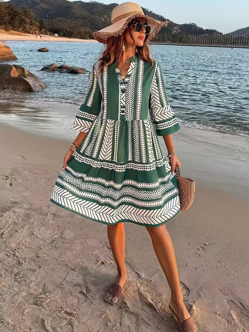 Casual 3/4 Sleeve Geometric Boho Dress