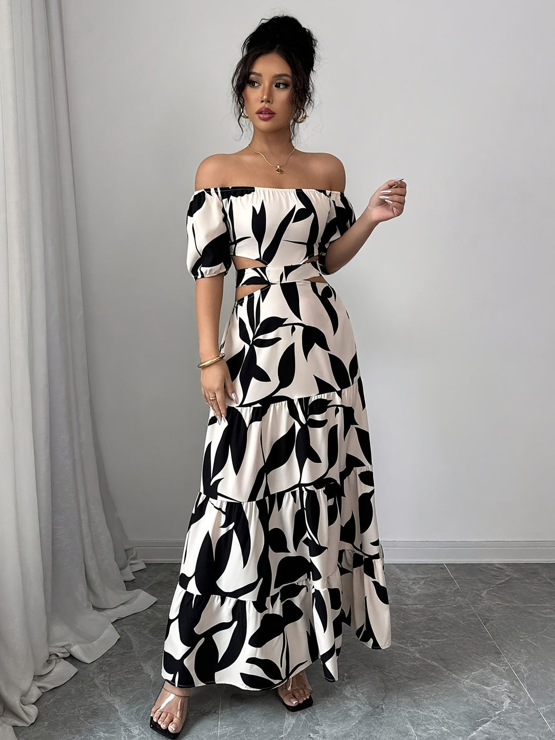 Off-the-Shoulder Cutout Tiered Maxi Dress