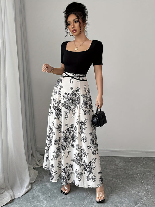 Square Neck Contrast Bodice Floral Maxi Dress