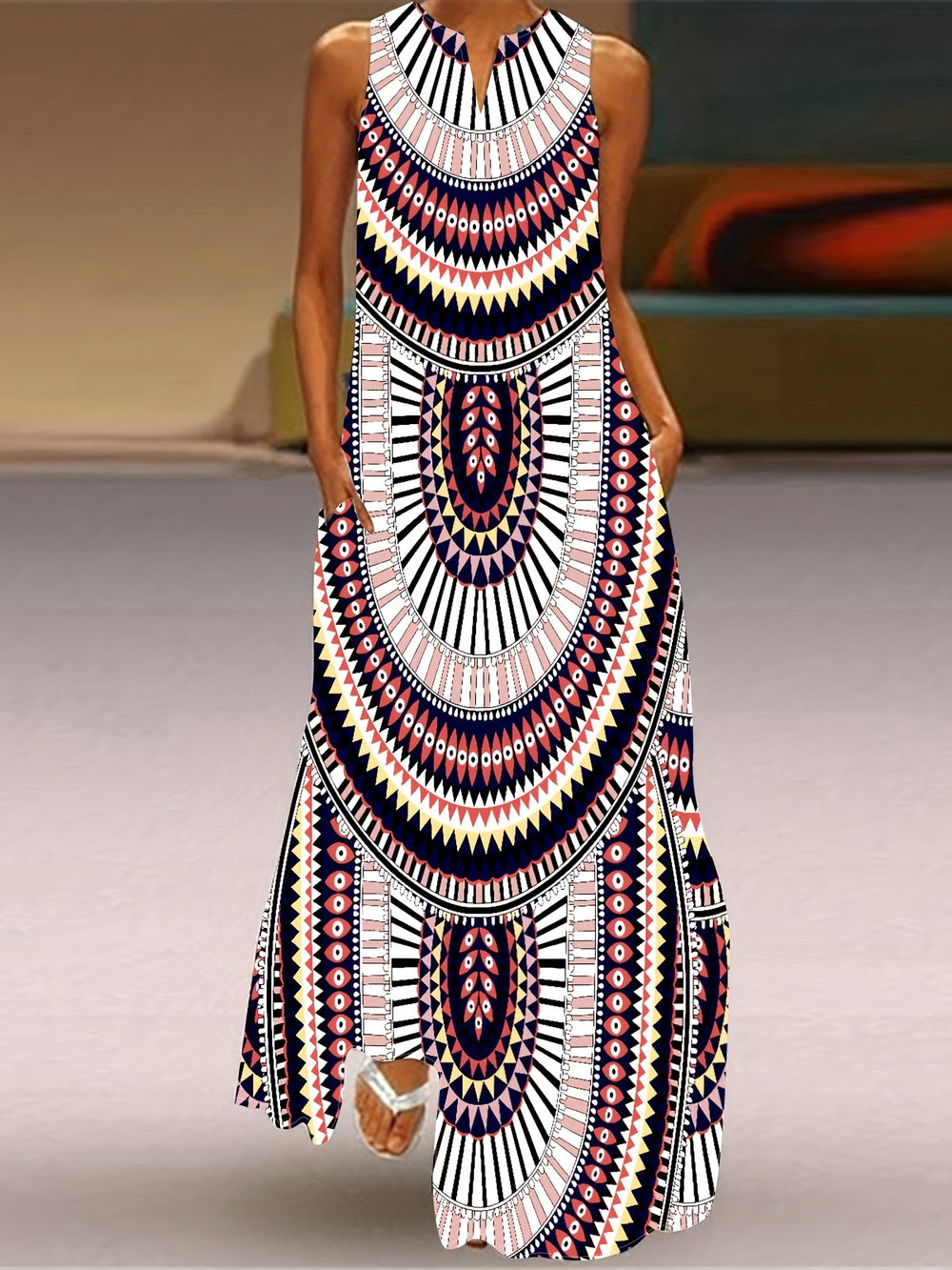 Summer Bohemian Sleeveless Tribal Print Maxi Dress
