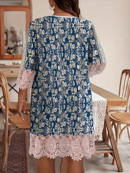 Floral Patchwork Crochet Hem Summer Dress - Plus Size
