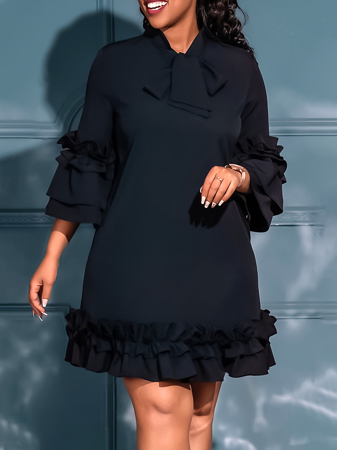 Bow Tie Neck Ruffle Sleeve Bohemian Short Dress - Plus Size
