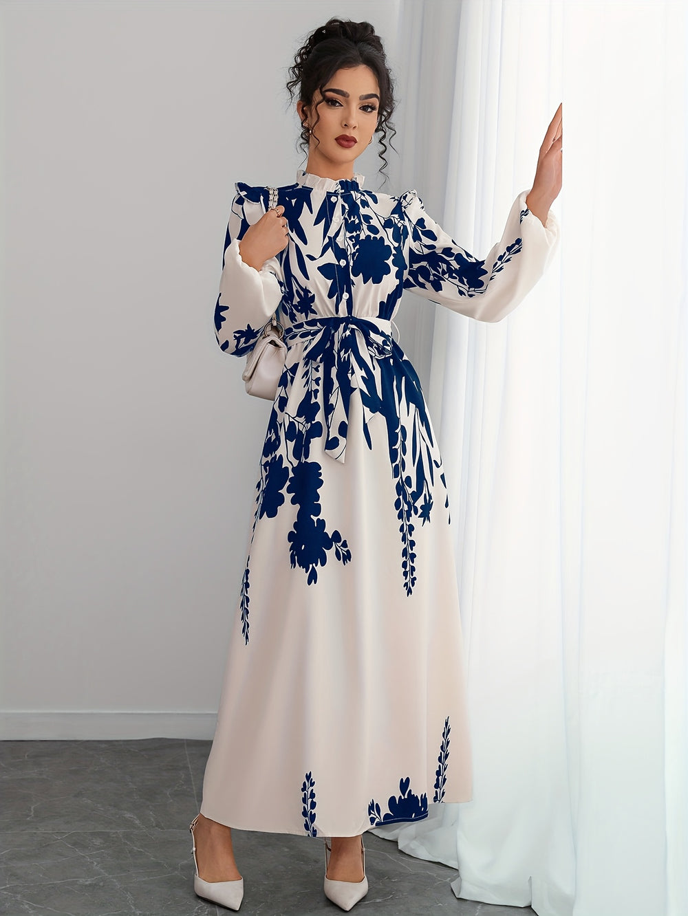 Long Sleeve Floral Print Maxi Dress with Waist Tie