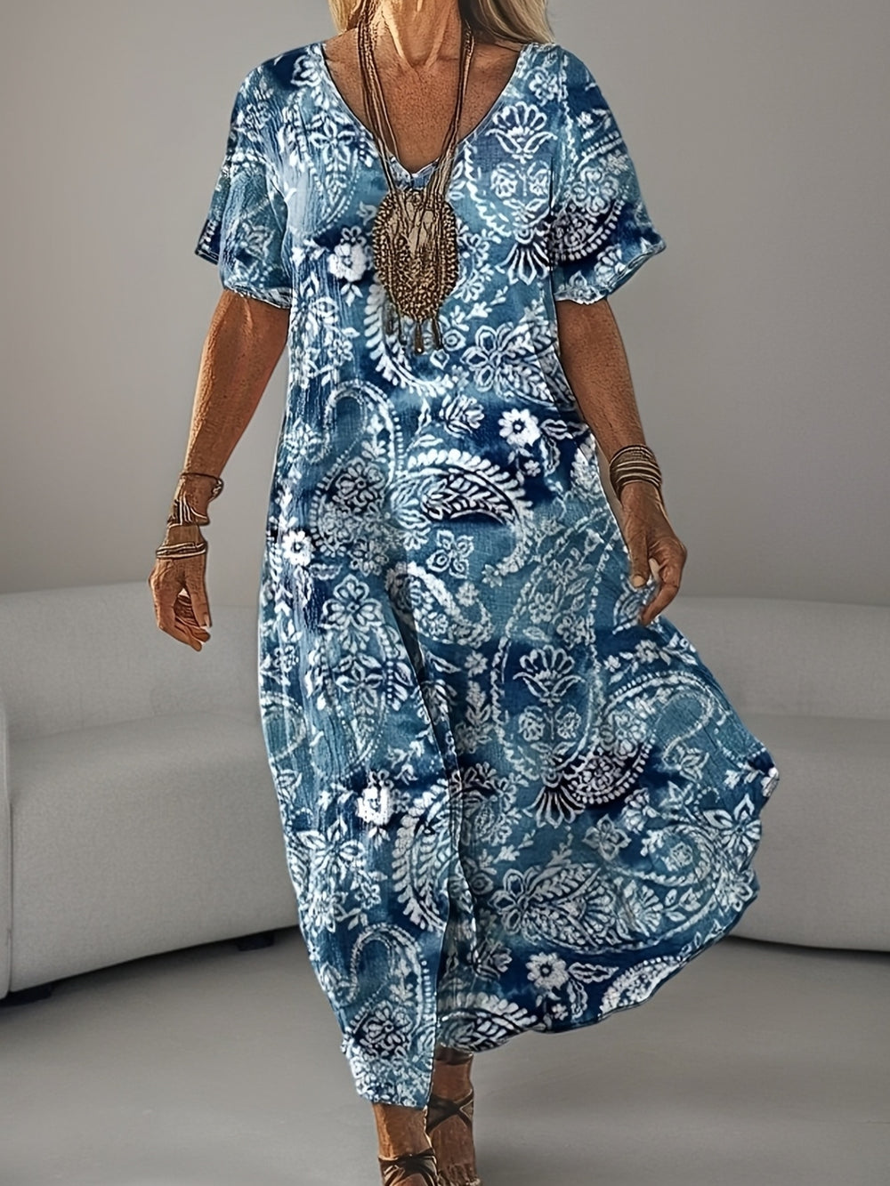 Short Sleeve Bohemian Pattern Summer Maxi Dress - Plus Size