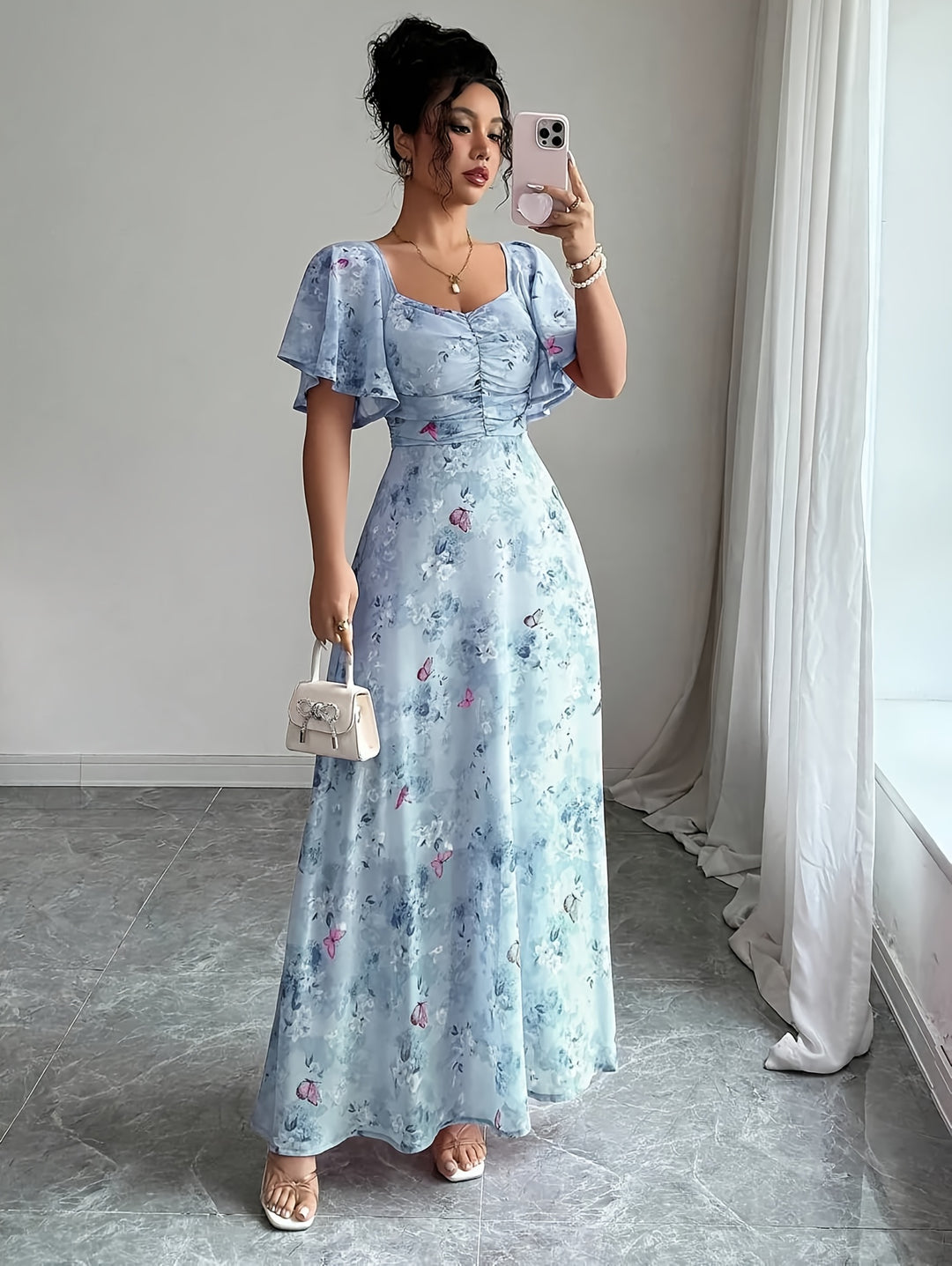 Elegant Sweetheart Neck Floral Maxi Dress