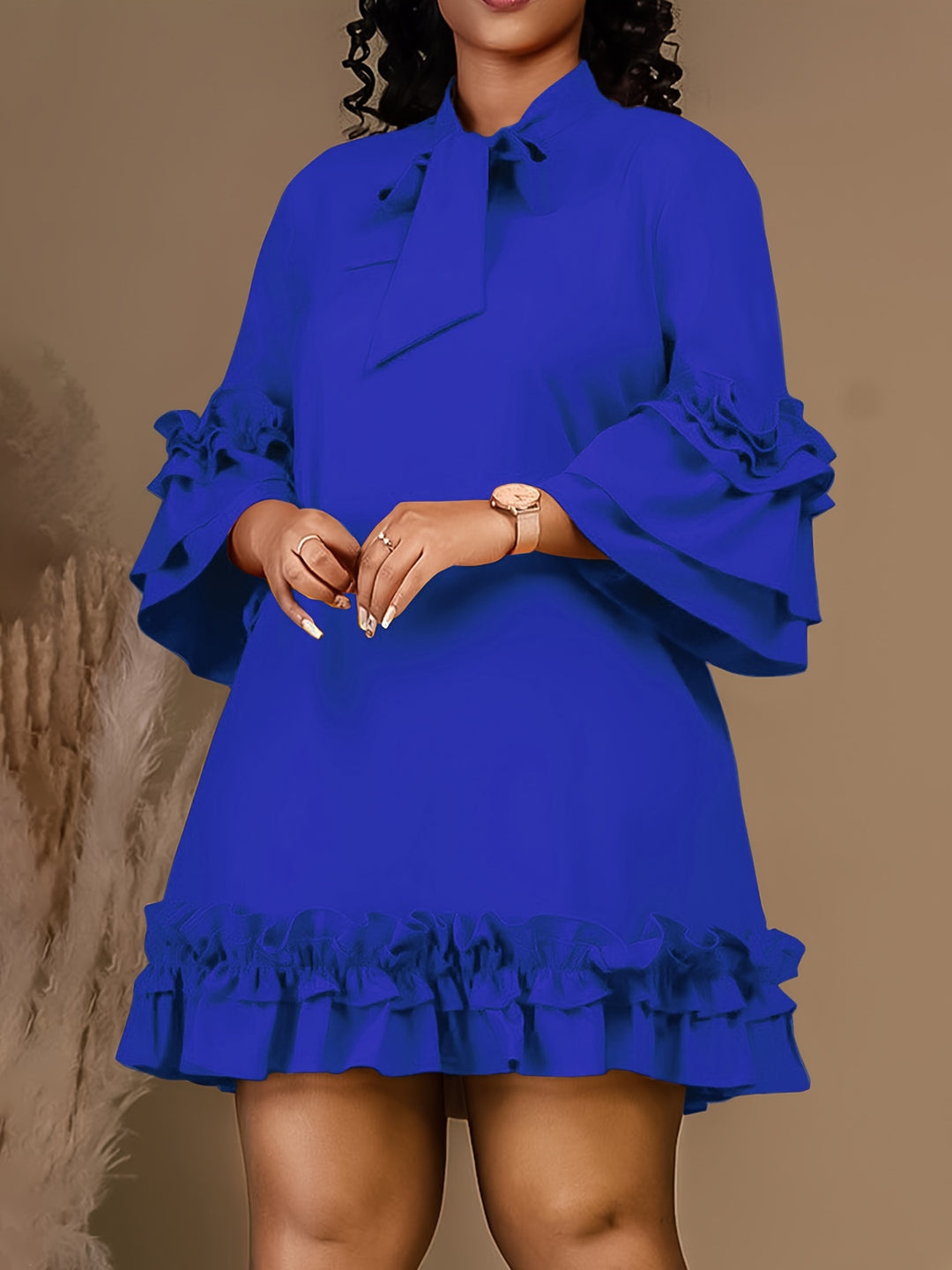 Bow Tie Neck Ruffle Sleeve Bohemian Short Dress - Plus Size