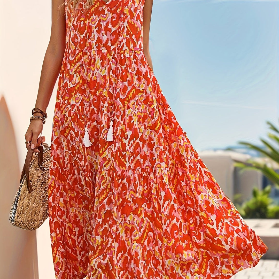 Bohemian Abstract Print Tiered Midi Dress