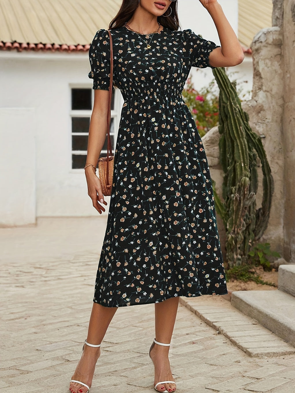 Casual Smocked Ditsy Floral Midi Dress