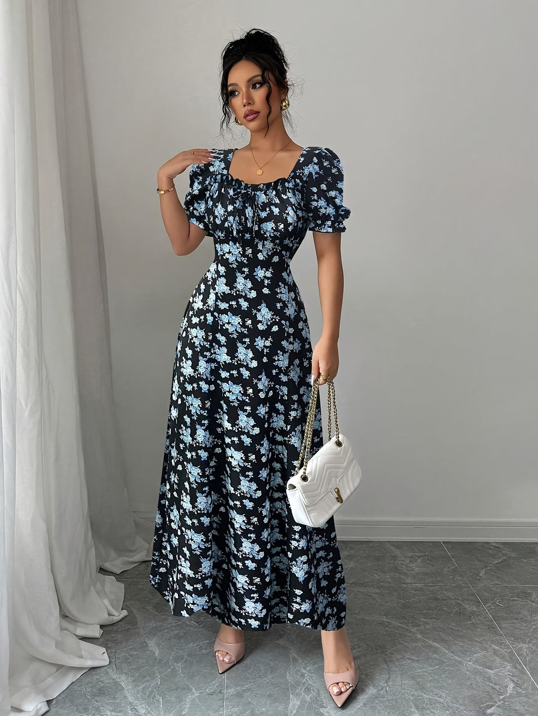 Square Neck Puff Sleeve Floral Maxi Dress