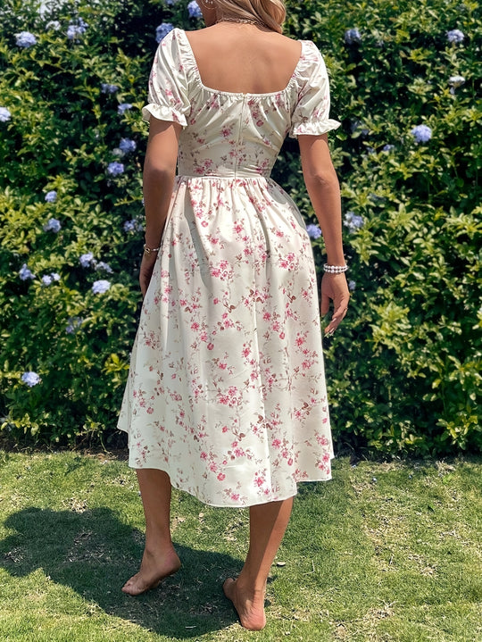 Romantic Floral Lace-Up Corset Midi Dress
