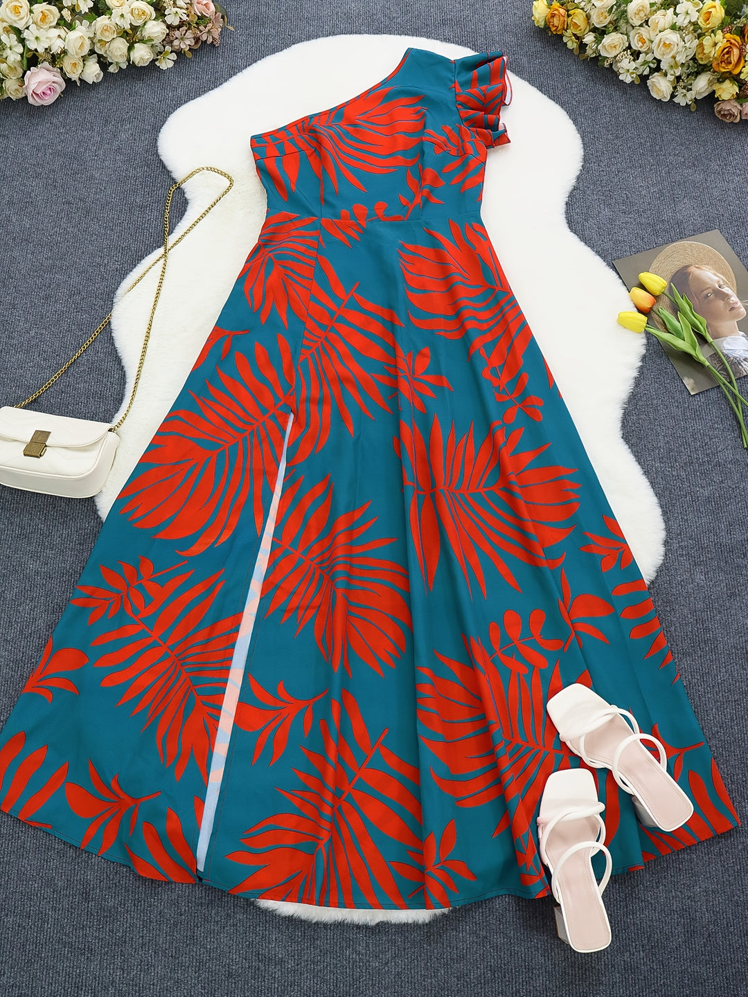 One-Shoulder Palm Print Ruffle Maxi Dress
