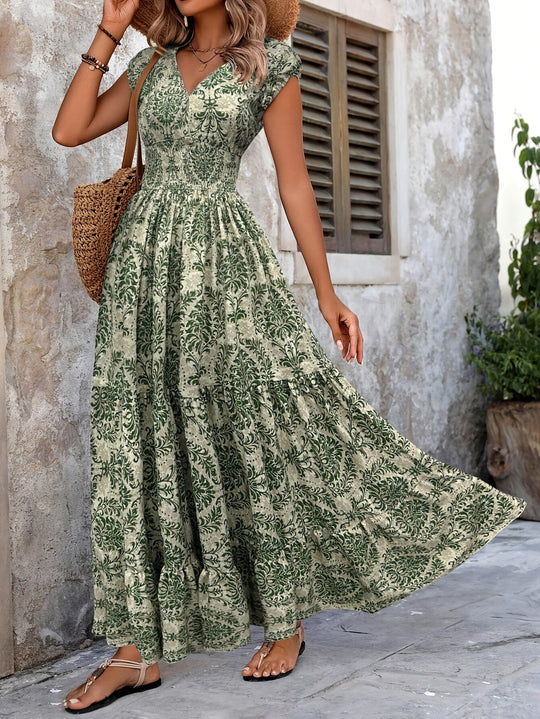 Bohemian Damask Print Smocked Maxi Dress