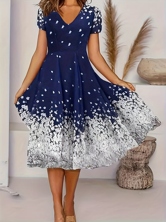 Casual Floral Print Flared Midi Dress