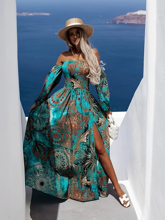 Off-Shoulder Long Sleeve Slit Maxi Bohemian Dress