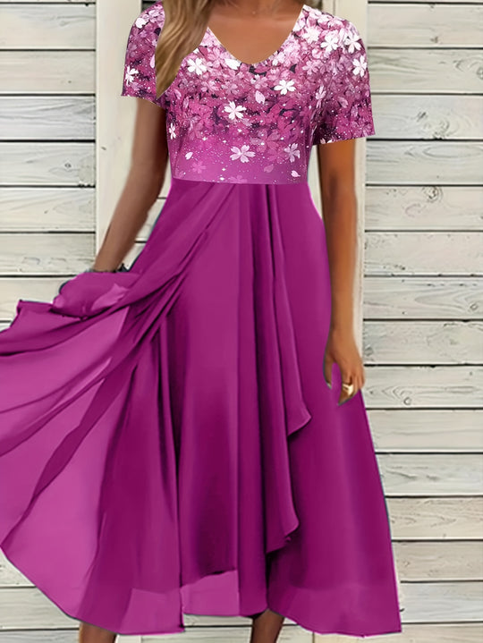 Elegant V-Neck Floral Bodice Maxi Dress