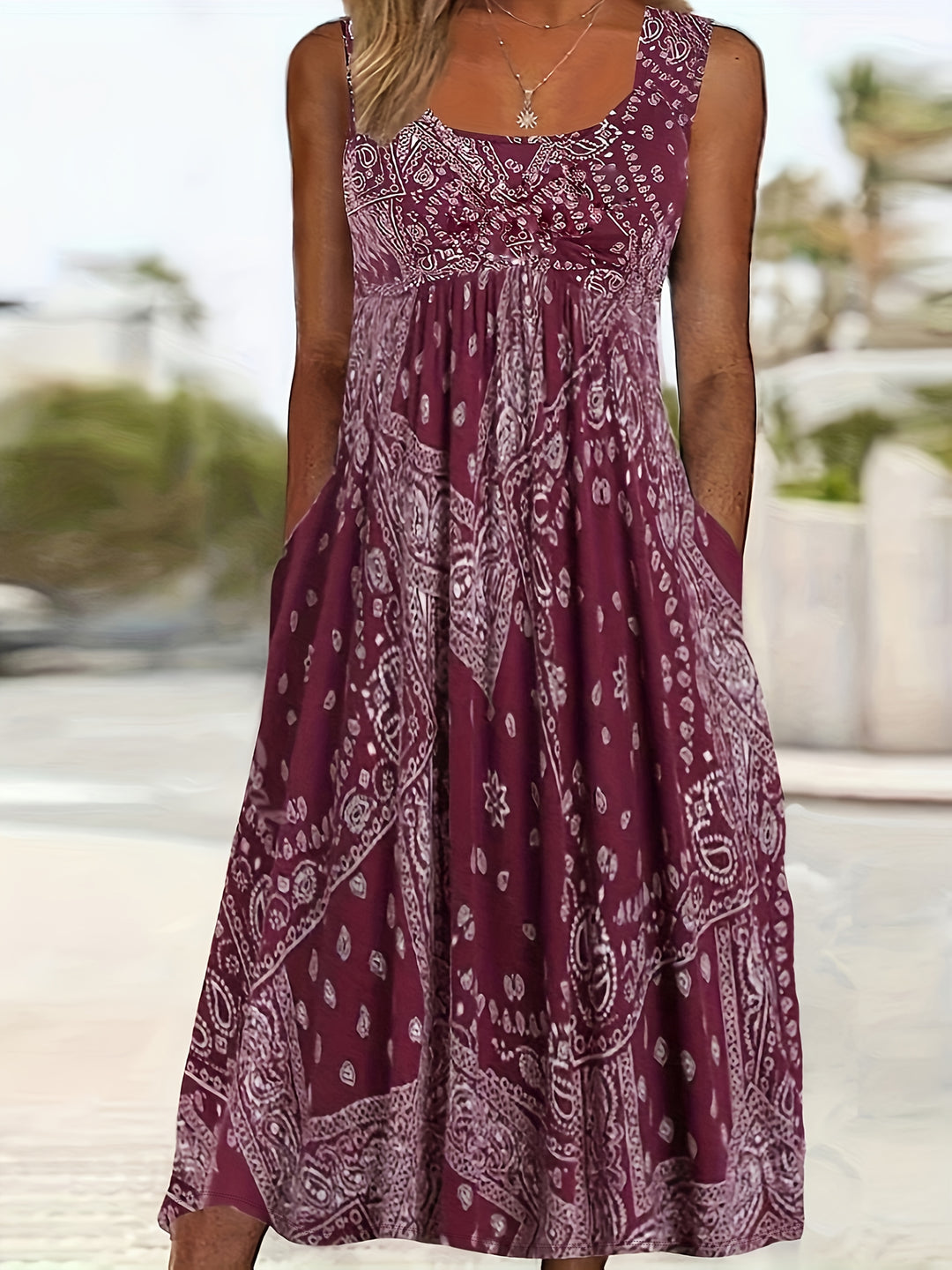 Sleeveless Bandana Print Casual Midi Dress with Pockets