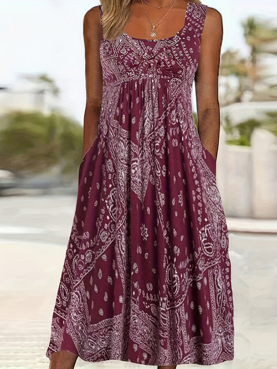 Sleeveless Bandana Print Casual Midi Dress with Pockets