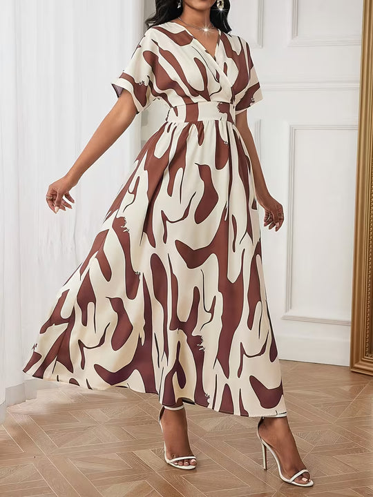 Abstract Print Flutter Sleeve V-Neck Midi Dress
