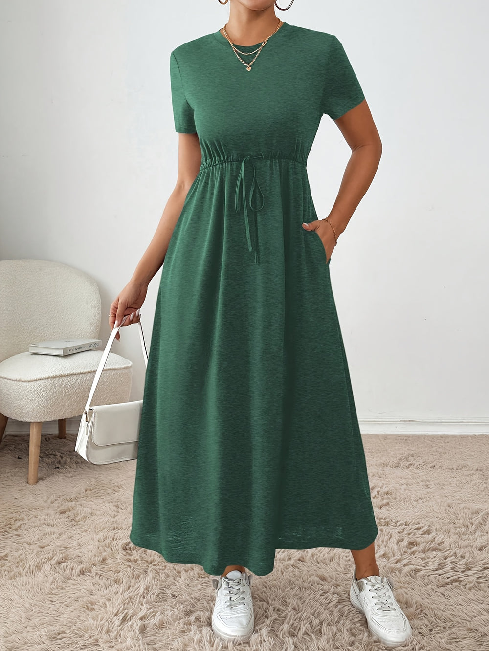 Casual Short Sleeve Drawstring Maxi Dress