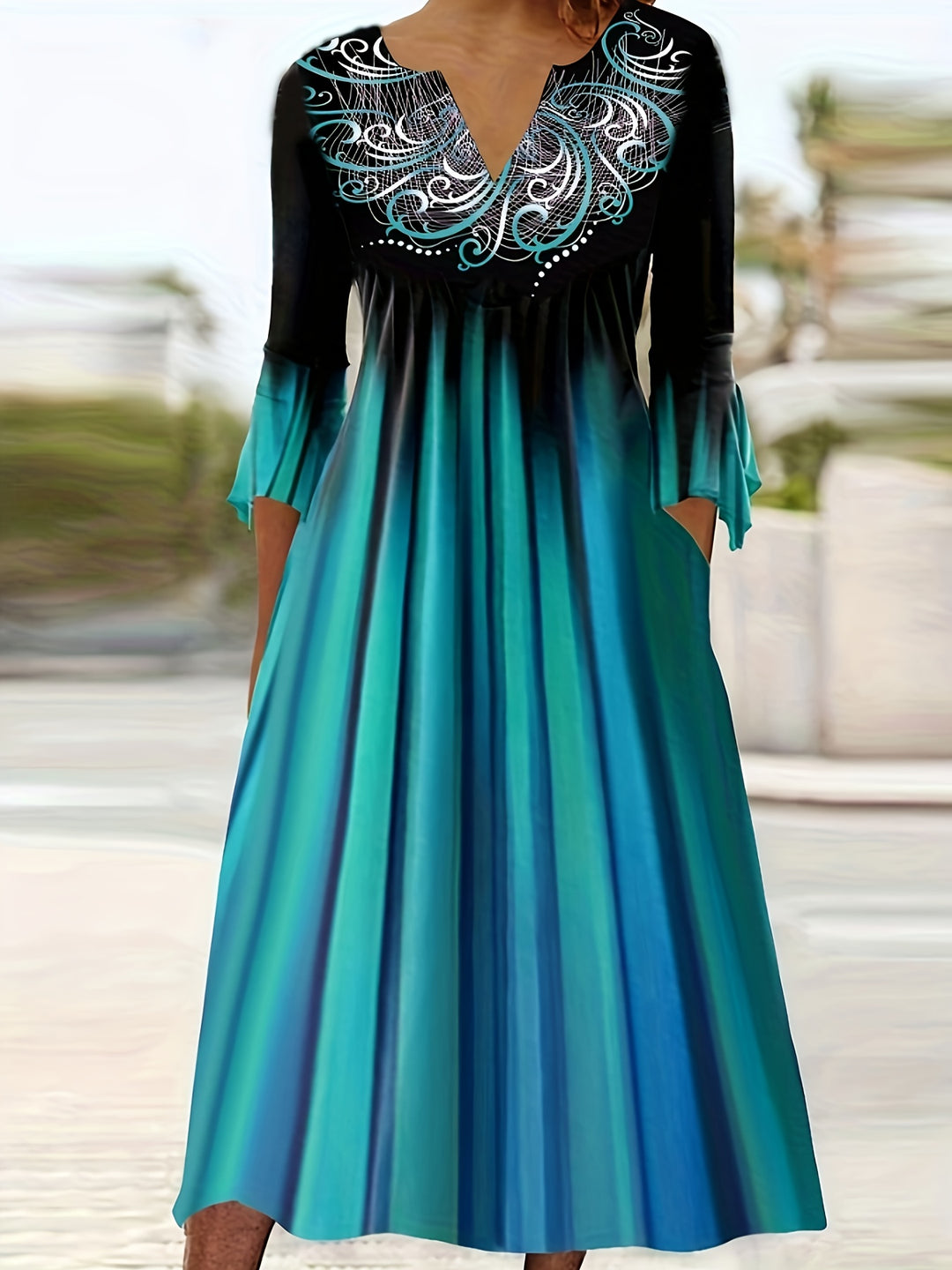 Bohemian Flare Sleeve Graphic Midi Dress