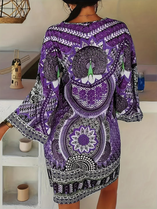 Long Sleeve Floral Mandala Boho Summer Dress- Plus Size
