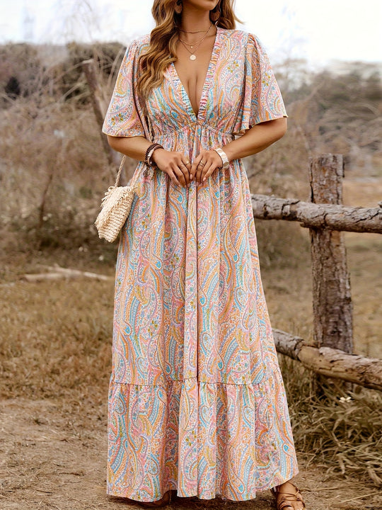 Flowy Deep V Empire Waist Summer Maxi Dress