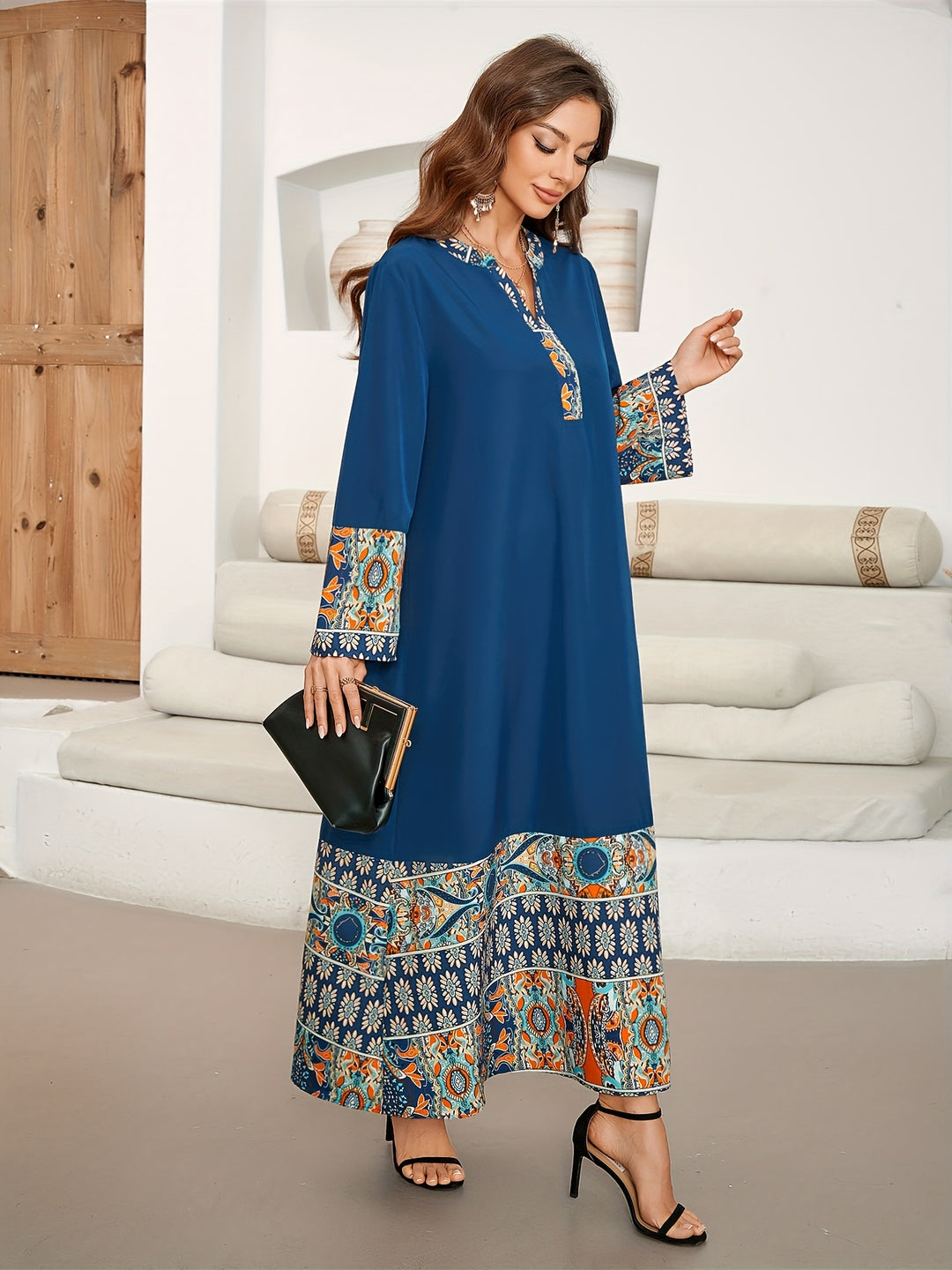 Bohemian Placket Neck Relaxed Long Dress