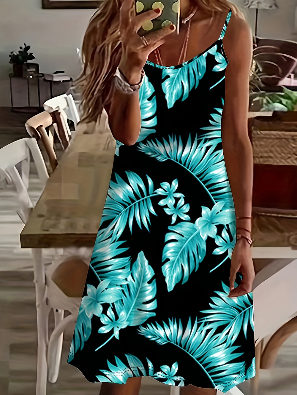 Casual Tropical Leaf Print Mini Dress