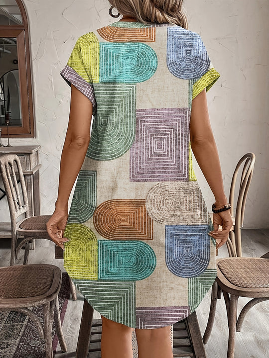 Geometric Print V-Neck Button Down Dress
