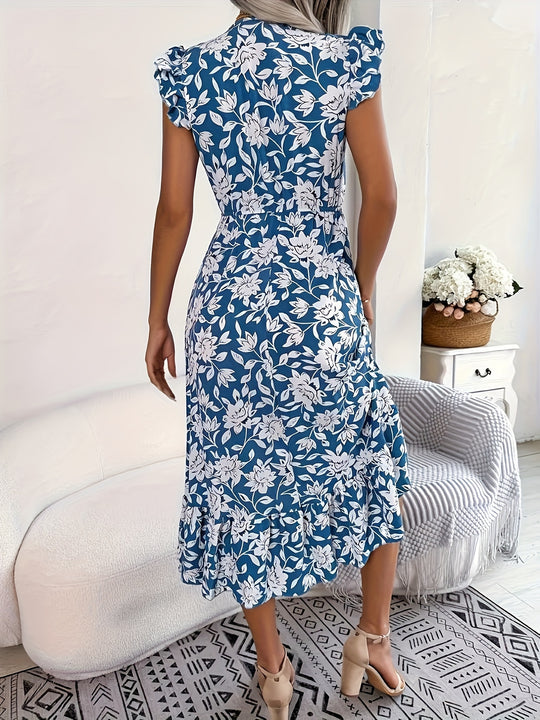 V-Neck Floral Pattern Flutter Sleeve Summer Dress