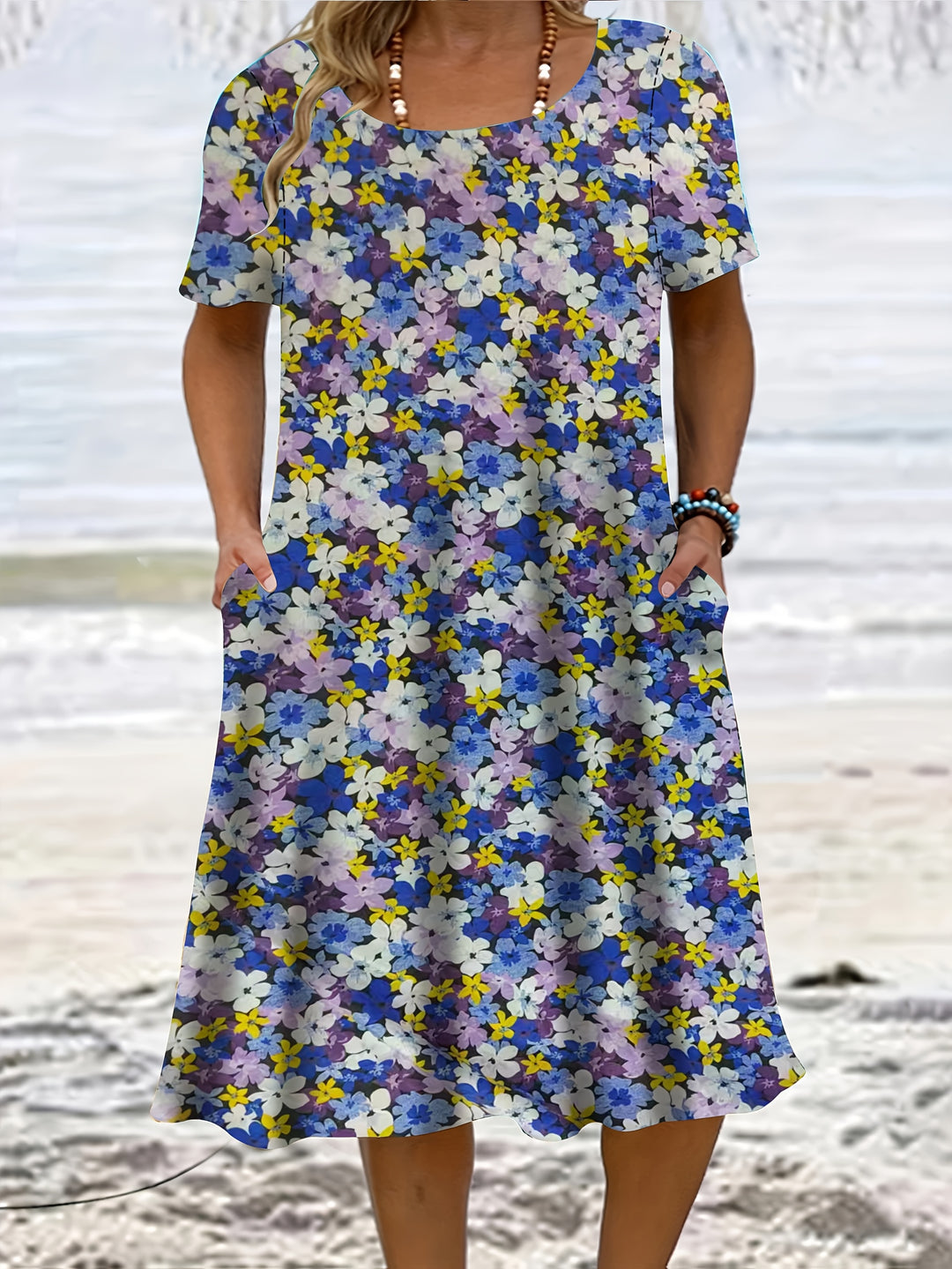 Casual Scoop Neck Floral Midi Dress