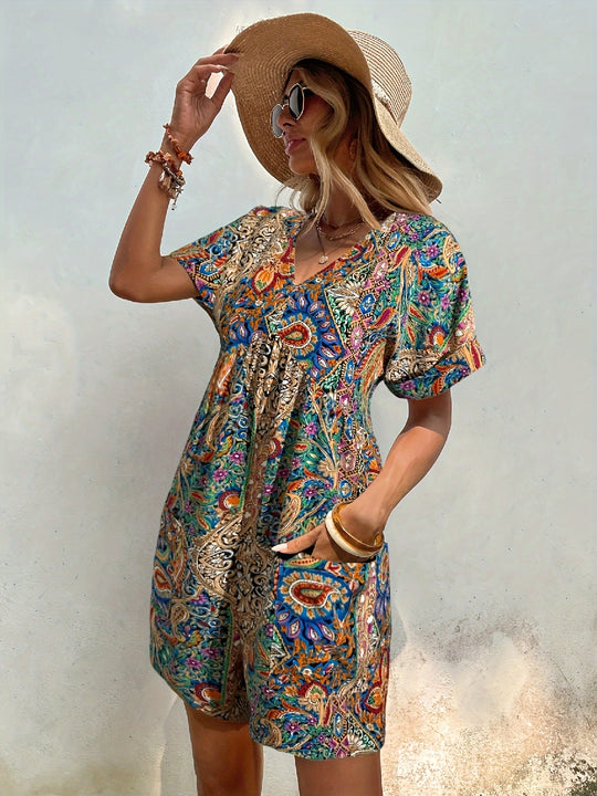 Boho Paisley Pattern Relaxed Pocket Summer Dress