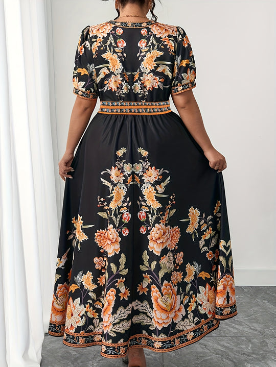 Plus Size Floral V-Neck Short Sleeve Bohemian Dress