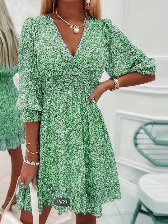 Casual V-Neck Floral Smocked Mini Dress