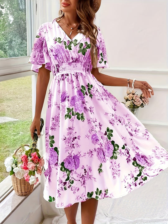 Floral Print V-Neck Flutter Sleeve Smocked Midi Dress - Plus Size