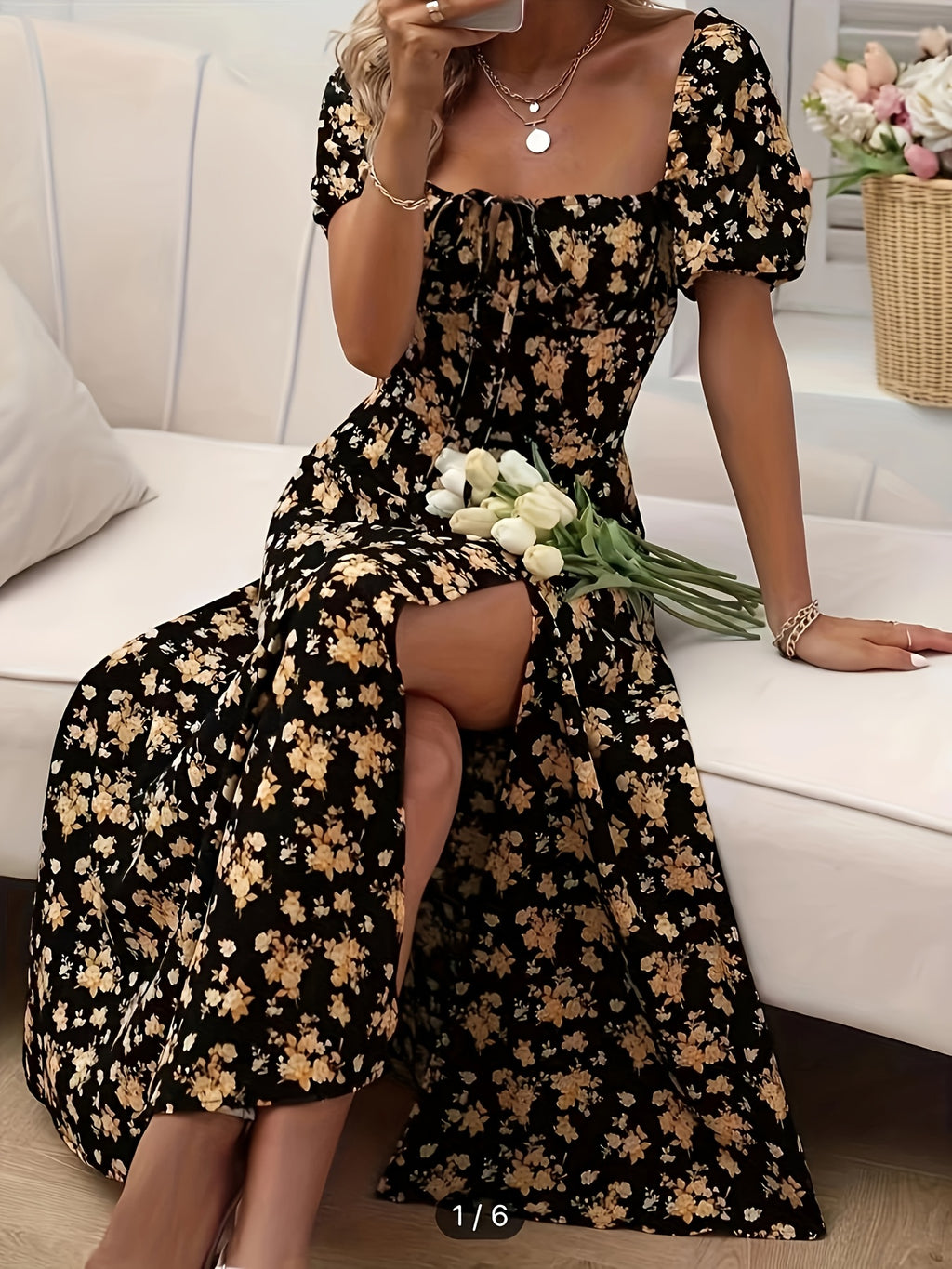 Romantic Floral Puff Sleeve Split Maxi Dress