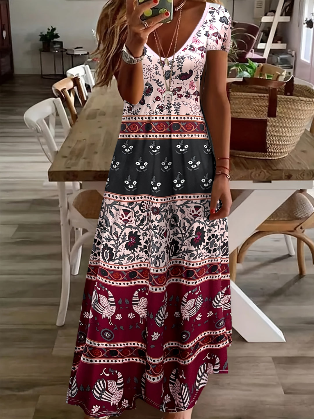 Bohemian V-Neck Mixed Print Maxi Dress