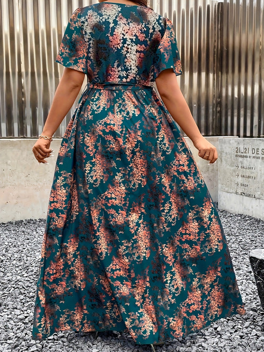 Short Sleeve Surplice Neck Summer Maxi Dress - Plus Size